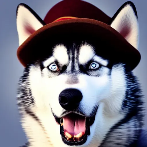 Prompt: A Husky dog wearing a hat highly detailed photography