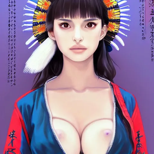 Image similar to a beautiful young japanese natalie portman alluring gravure model, stylized concept art, wearing elegant designer bomber jacket and one piece bikini, bomber jacket with mesoamerican patterns, mesoamerican native street fashion, princess mononoke, painted by ilya kuvshinov aesthetic, gorgeous, stunning, alluring, attractive, artstation, pinterest, digital art