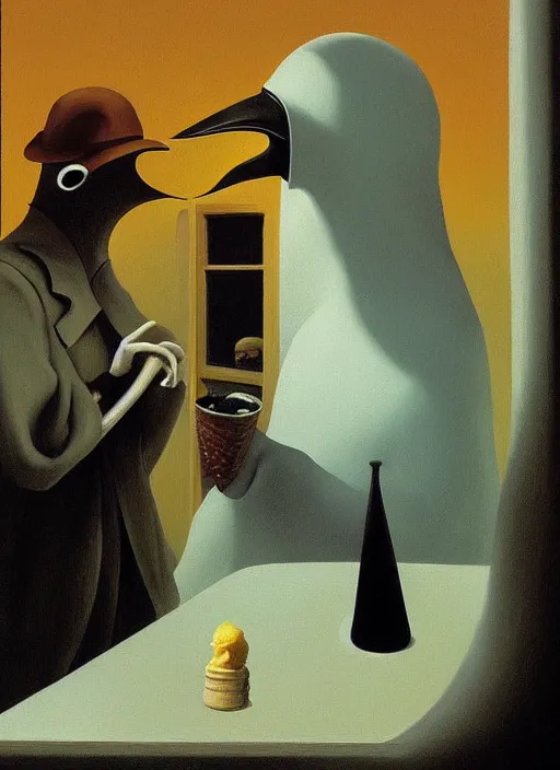 Image similar to plague doctor eating ice cream Edward Hopper and James Gilleard, Zdzislaw Beksinski highly detailed