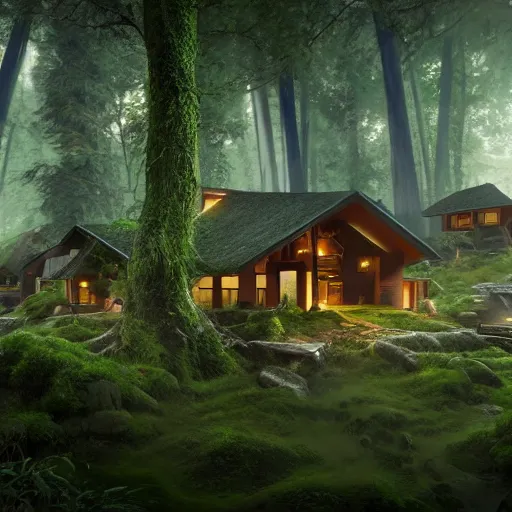 Prompt: futuristic cottage settlement in forest , ecological fururism, matte painting, high details, 8k