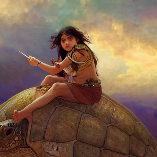 Image similar to a little warrior girl sitting on top of one giant turtle seen from a distance in the desert. the girl has dark skin and beautiful green eyes, realistic full body and a very beautiful detailed symmetrical face with long black hair. diffuse light, dramatic sky and landscape, fantasy illustration by mucha