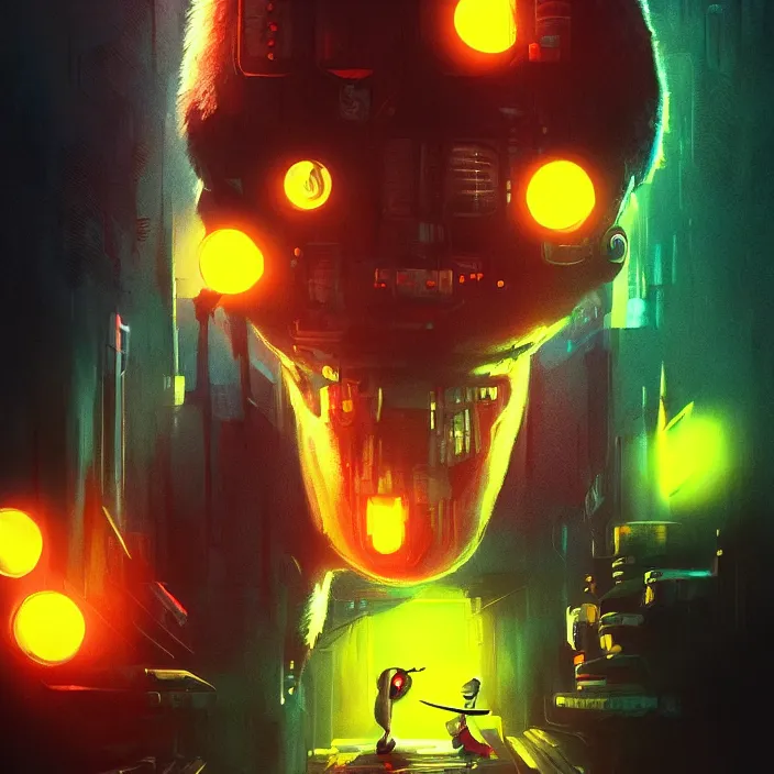 Image similar to cinematic portrait of a cute tennis ball monster, cyberpunk, bladerunner, chalk, masterpiece, trending on artstation, featured on pixiv, cinematic composition, dramatic pose, beautiful lighting, sharp details, hyper - detailed, hd, hdr, 4 k, 8 k, art by basil gogos