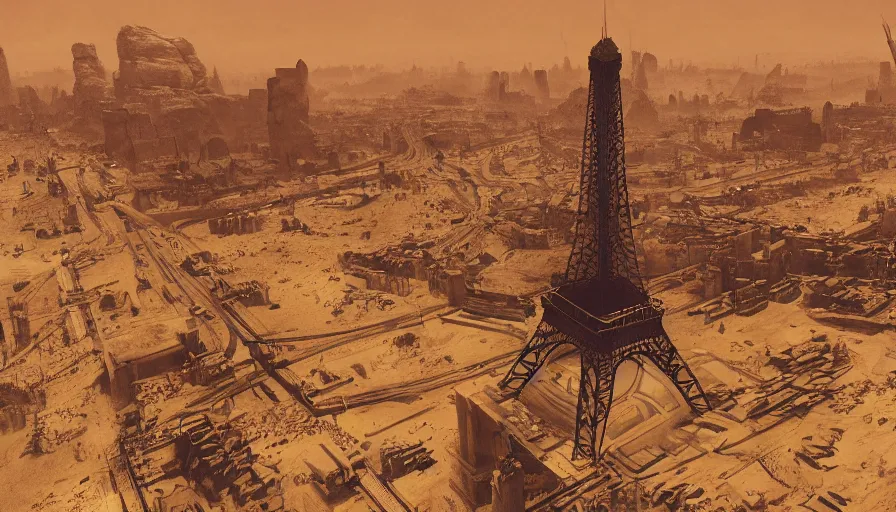 Prompt: eiffel tower under tons of sand in mad max, hyperdetailed, artstation, cgsociety, 8 k