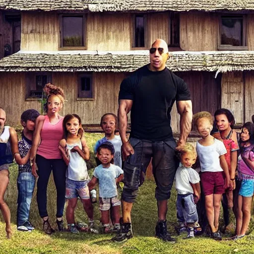 Image similar to closeup photo of vin diesel and his wife and 6 children, sunny day, village house, pastoral, happy, cinematic, art by jan urschel and neil blevins