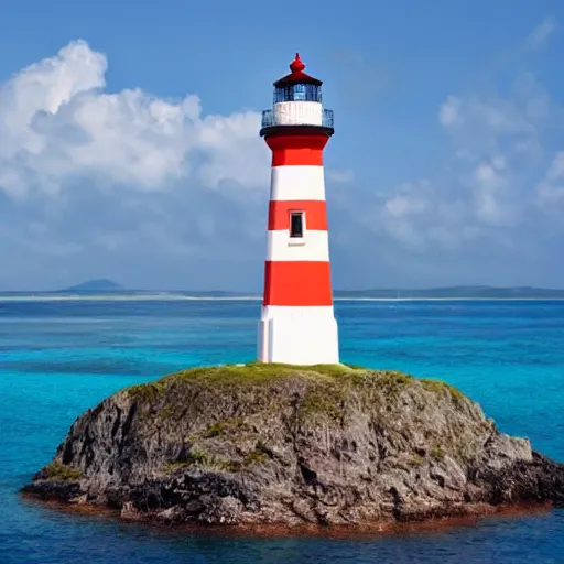 Prompt: a tricolour flag with a design of a lighthouse that is made of white stone on a small coral island surrounded by ocean, flat graphic design