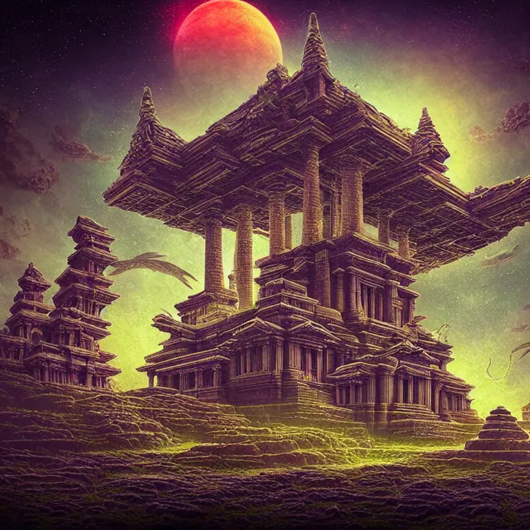 Image similar to mysterious ancient dieties hovering over magical temple, infinite quantum waves, synthwave, highly detailed by ernst steiner