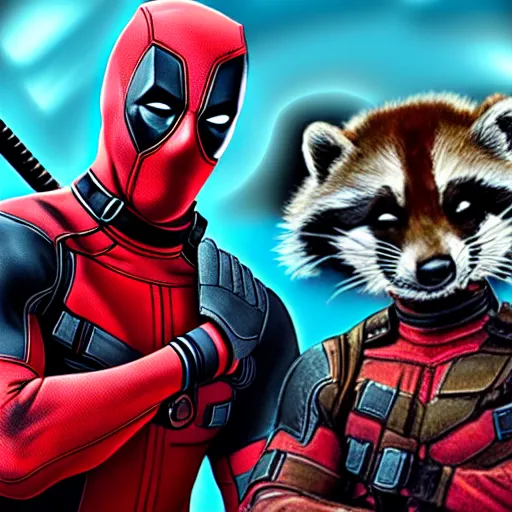 Image similar to deadpool and rocket raccoon together digital art 4 k detailed super realistic