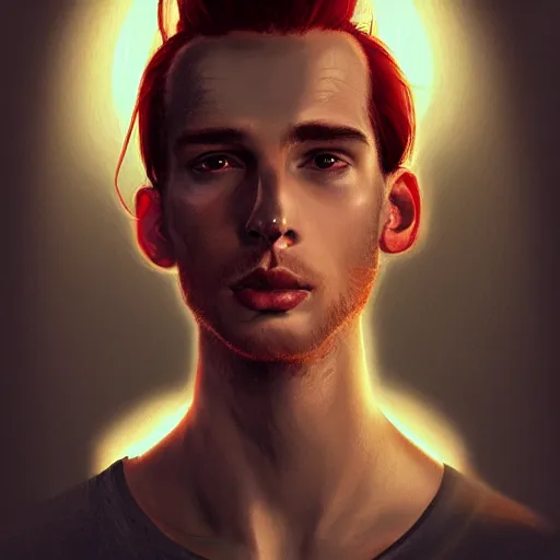 Image similar to portrait of a thin young man with long red hair, ponytail, a lot of freckles on his face, an earring, intricate, elegant, glowing lights, highly detailed, digital painting, artstation, concept art, smooth, sharp focus, illustration