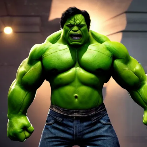 Image similar to Danny DeVito cast as The Hulk, still from marvel movie, hyperrealistic, 8k, Octane Render,