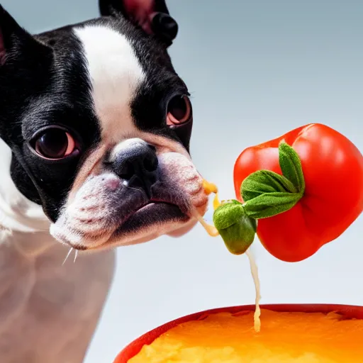 Image similar to boston terrier with a human beard eating tomato's with cheese, photorealistic, high detail, 8 k resolution