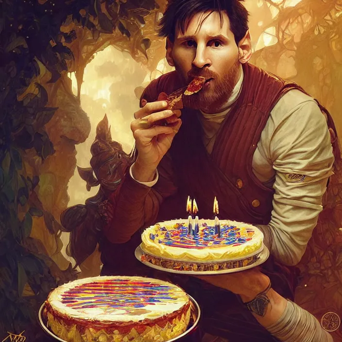 Lionel Messi eating his 35th birthday cake, D&D, | Stable Diffusion ...