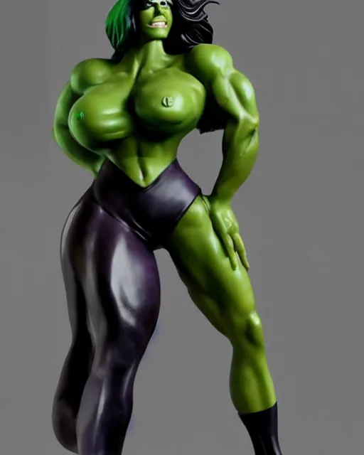 Image similar to maquette sculpture of the gorgeous she hulk, she is wearing a purple one piece swimsuit, she is tall, very fit and extremely muscular, she has green skin all over her body, long black shiny hair, hyperreal, highly detailed, in the style of sideshow collectibles, soft focus, bokeh