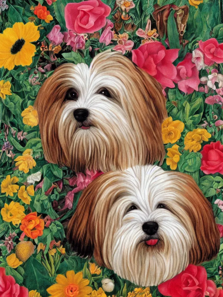 Prompt: a cream colored havanese dog as with a unibrow, surreal background, plants and flowers, naive art, by frida kahlo