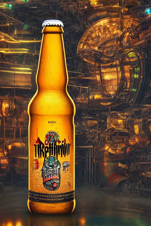 Prompt: product photo of a beer bottle, beer is called tripmachine, realistic digital art, label on the bottle is printed with a 3 d render of a huge futuristic steampunk generator, 8 k, fluorescent colors, halluzinogenic, multicolored, exaggerated detailed, unreal engine