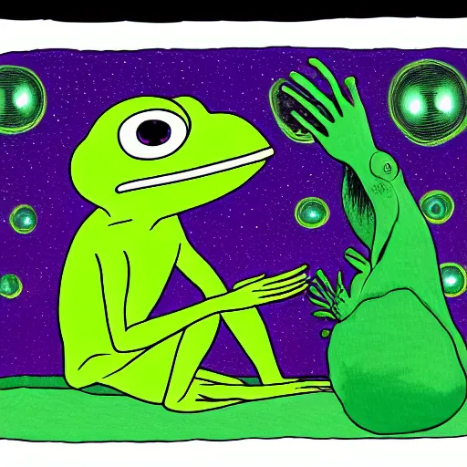 Image similar to a portrait of an alien pepe the frog meditating and reaching nirvana, shiny big eyes reflecting the universe. by matt furie