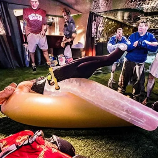 Image similar to sports illustrated photo, an elderly woman sliding wildly down an incredibly long ice luge on her back out of control at an incredibly high speed