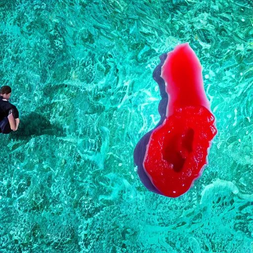 Image similar to a giant benjamin netanyahu sculpture made out of juicy red jelly on water surface, long shot, hyper detailed, hyper realistic, ray tracing, 8 k resolution, sharp focus, realistic water, award winning