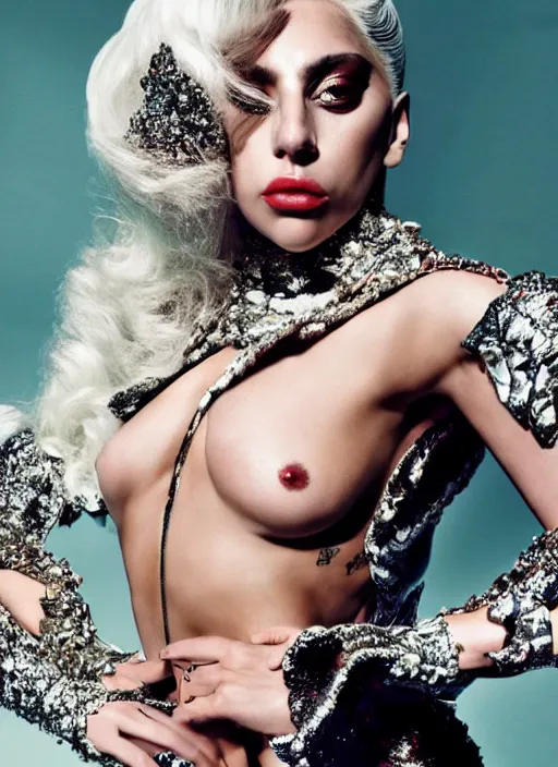 Image similar to lady gaga styled by nick knight steven klein posing in an expensive mansion setting , vogue magazine, Highly realistic. High resolution. Highly detailed. Dramatic. 8k.4k.