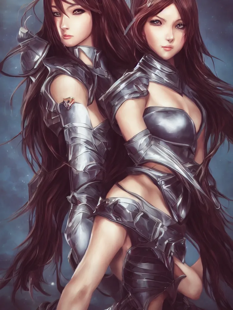 Image similar to a portrait of an attractive knight female anime character with long hair, artgerm