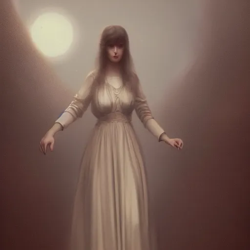 Prompt: tom bagshaw, lofi girl in full long dress, curiosities, ornate symmetry accurate features, focus, very intricate ultrafine details, random volumetric lighting, fog, award winning masterpiece, octane render 8 k hd, artstation