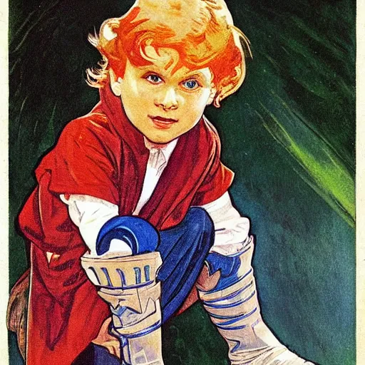 Prompt: a little boy with a mischievous face and short ginger hair. he is dressed as a knight. well composed, clean elegant painting, beautiful detailed face. colorful painting by steve ditko and jack kirby and alphonse mucha