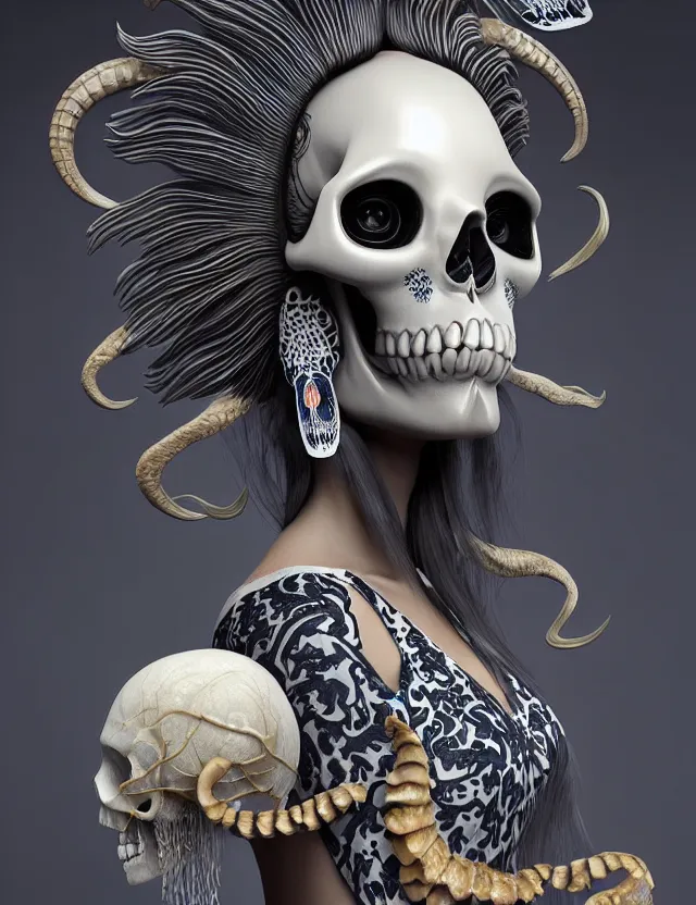 Image similar to 3 d goddess skull half - turn portrait with long hair with ram skull. beautiful intricately detailed japanese crow kitsune mask and clasical japanese kimono. betta fish, jellyfish phoenix, bio luminescent, plasma, ice, water, wind, creature, artwork by tooth wu and wlop and beeple and greg rutkowski