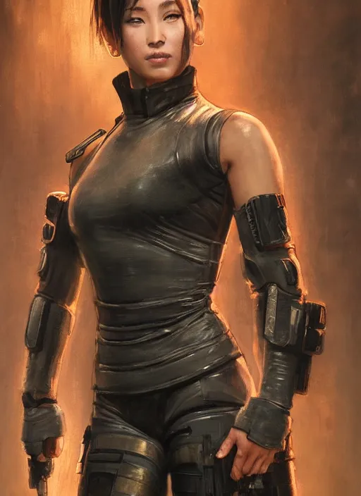 Prompt: chun li high kick. cyberpunk police trooper in a military vest ( blade runner 2 0 4 9, cyberpunk 2 0 7 7 ). orientalist portrait by john william waterhouse and james gurney and theodore ralli and nasreddine dinet, oil on canvas. cinematic, hyper realism, realistic proportions, dramatic lighting, high detail 4 k