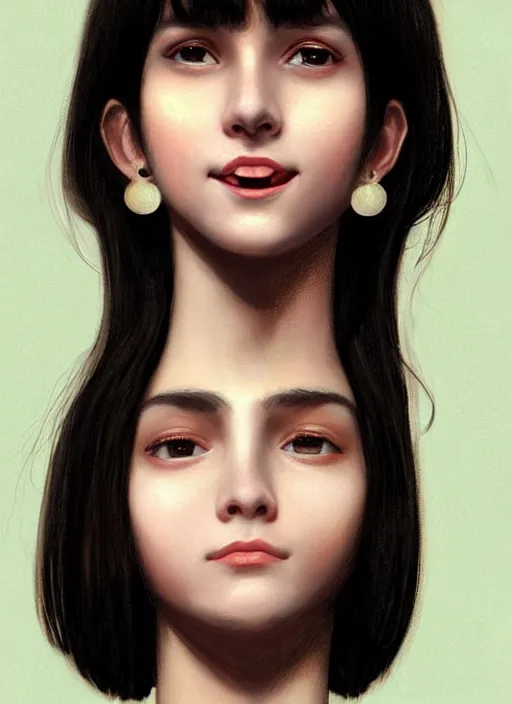 Image similar to portrait of teenage girl, narrow face, short black hair, bangs, half updo hairstyle, skinny, big nose, smile, unattractive, defined jawline, long chin, wearing hair bow, earrings, intricate, elegant, glowing lights, highly detailed, digital painting, artstation, sharp focus, illustration, art by wlop, mars ravelo and greg rutkowski