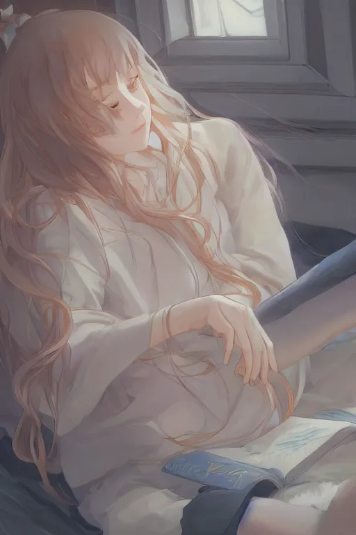 Image similar to a teenage girl in a jk uniform outfit in the bedroom reading a book in a night, raining outside the window, grey and orange theme ， wavy white long hair, by krenz cushart and mucha and akihito yoshida and greg rutkowski, detailed eyes, 4 k resolution