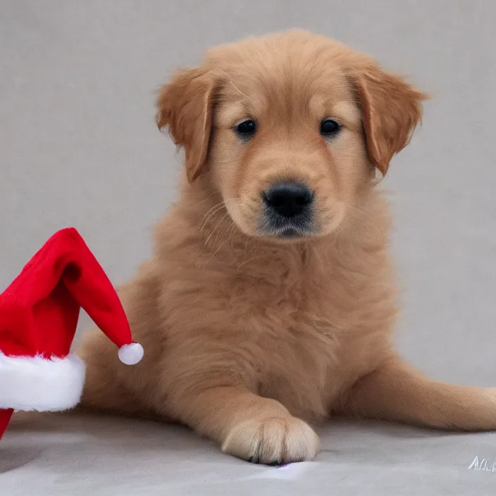 Prompt: cute golden retriever puppy wearing a christmas hat by archibald thorburn