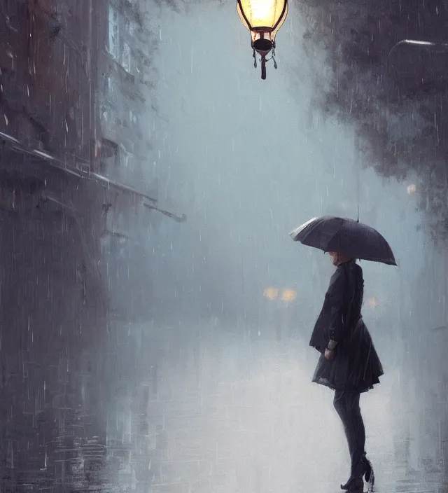 Image similar to lamp that is an umbrella, very detailed texture, rainy, nostalgic, realistic shaded lighting, art style by ilya kuvshinov, katsuhiro, artgerm, jeremy lipkin, michael garmash, nixeu, unreal engine 5, radiant light, intricate environment