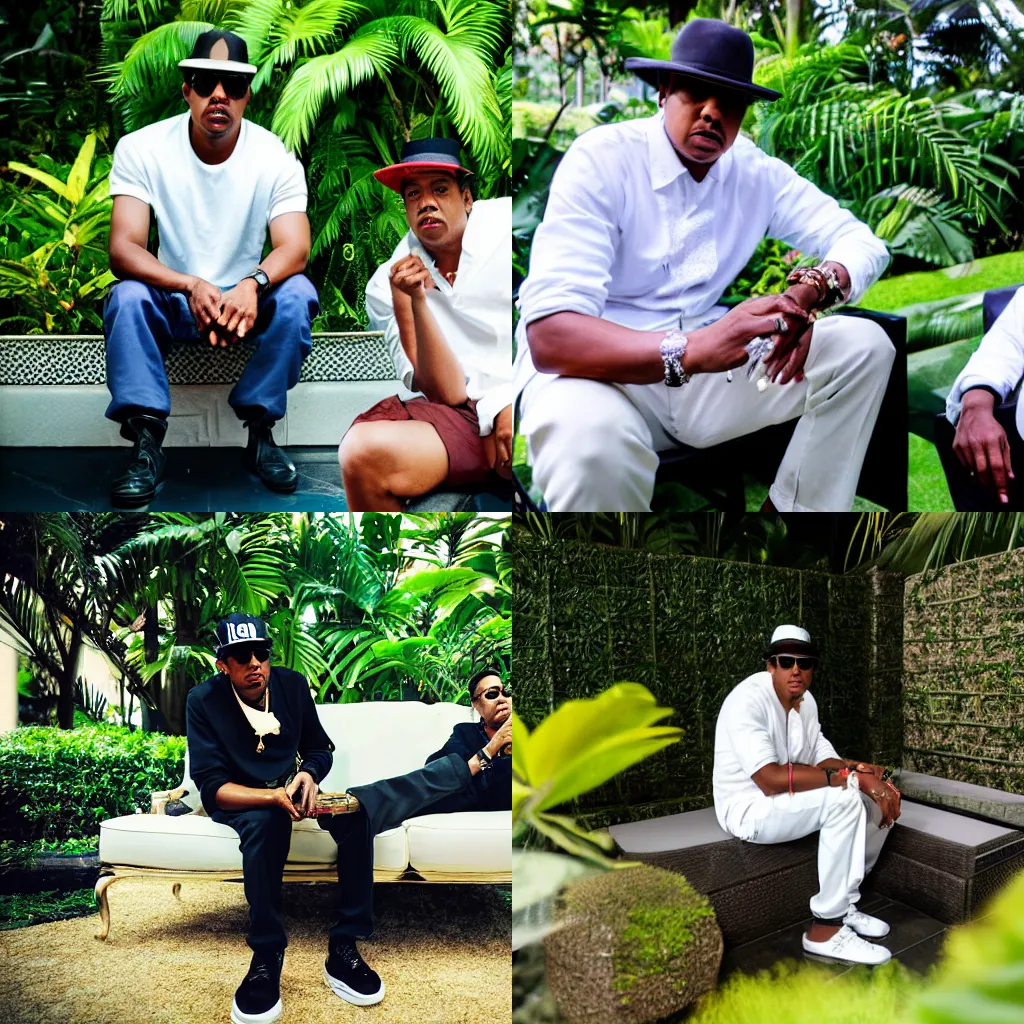 Prompt: photo of Nasir bin Olu Dara Jones sitting next to JayZ in a lush singaporean garden smoking a cigar, cigar smoke, luxurious, smooth, sharp focus, shot with Sony alpha 1 camera