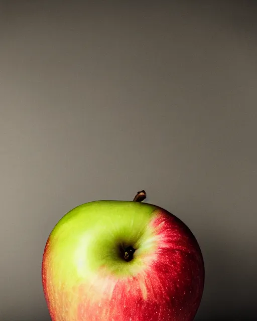 Prompt: a dramatic portrait of an apple, harsh studio lighting, annie leibovitz photography