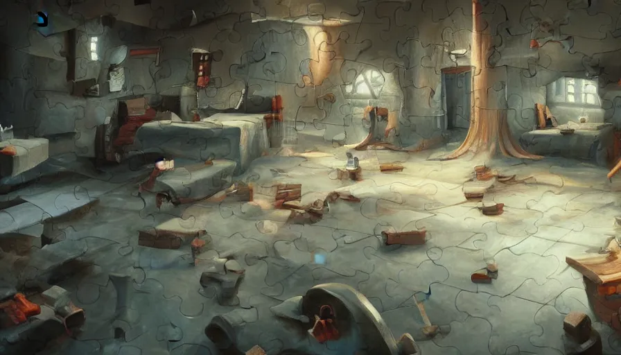 Image similar to puzzle, scape room, oil painting by jama jurabaev, brush hard, artstation, for aaa game, high quality, brush stroke