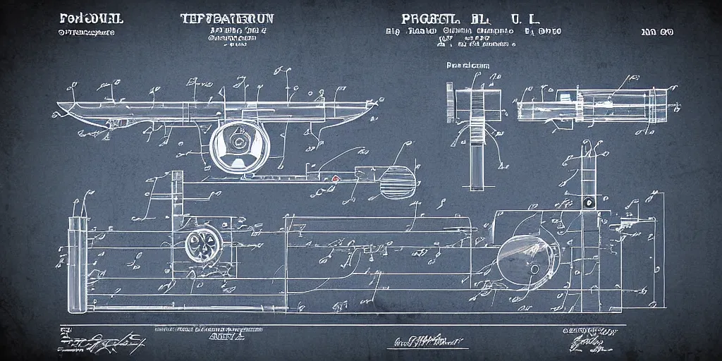 Image similar to portal gun patent blueprint, engineered, 8 k, highly technical, production ready,