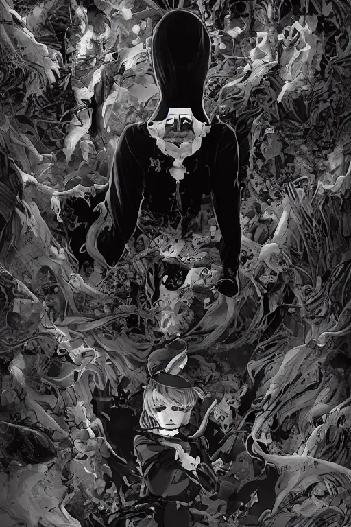 Image similar to spooky and creepypasta halloween night, symmetrical face, anime style, scenery wallpaper aesthetic, cinematic, dramatic, super detailed and intricate, hyper realistic, 4 k render, by artgerm, by kyoung hwan kim, by ralph mcquarrie, by yoshiyuki tomino