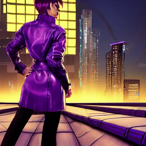 Image similar to highres photo portrait of cyberpunk girl standing on a rooftop, short purple hair with undercut, realistic body shape, wearing long leather trenchcoat and black cargo pants. night time, neon cityscape background, flying blimp with searchlights shining in the distance. 8 k high resolution