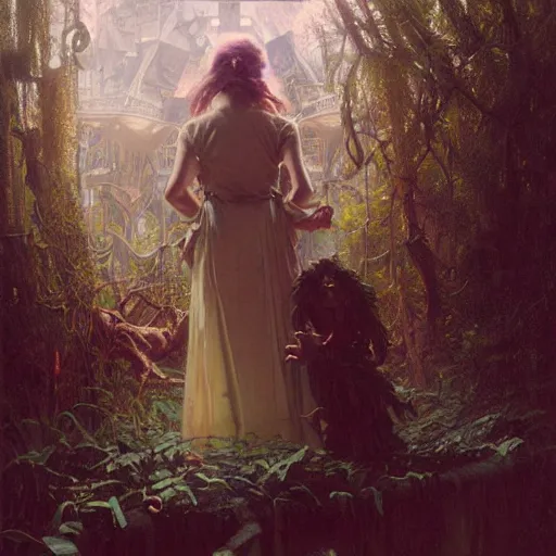 Image similar to an unimaginable artificial horror menacingly looms over a crouched, scared girl by stanley artgerm lau, greg rutkowski, thomas kindkade, alphonse mucha, loish, norman rockwell.