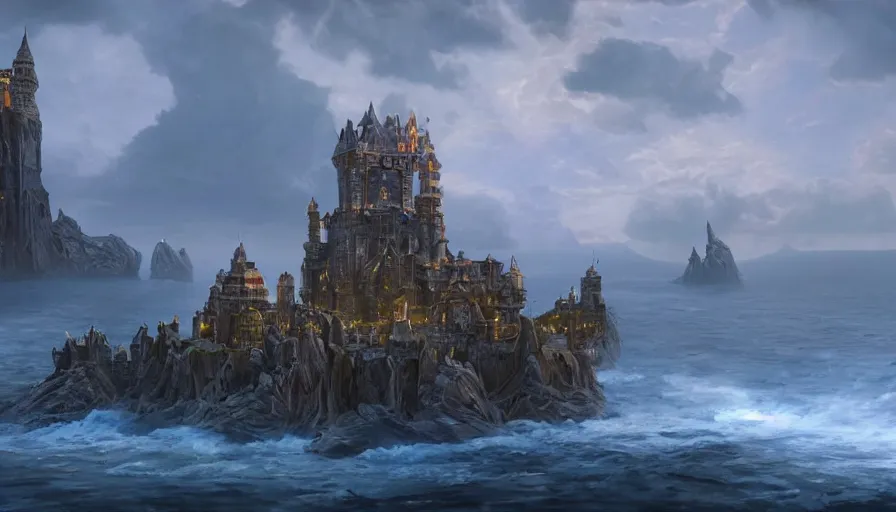 Image similar to a beautiful photo realistic still image looking across a crystal clear sea at stormwind castle from the warcraft movie, by greg rutkowski and kalin popov, trending on artstation, masterpiece,