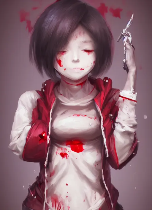 Image similar to a highly detailed illustration of short hair cute japanese girl wearing blood stained hoodie and bandages on legs, dramatic sadistic smile pose, intricate, elegant, highly detailed, centered, digital painting, artstation, concept art, smooth, sharp focus, league of legends concept art, WLOP