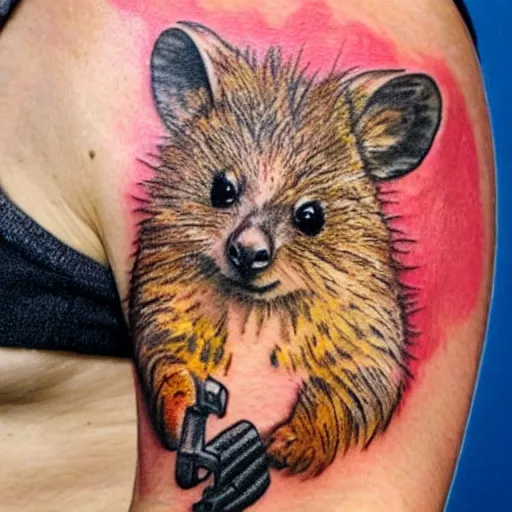 Image similar to a realistic tattoo of a quokka riding a bicycle