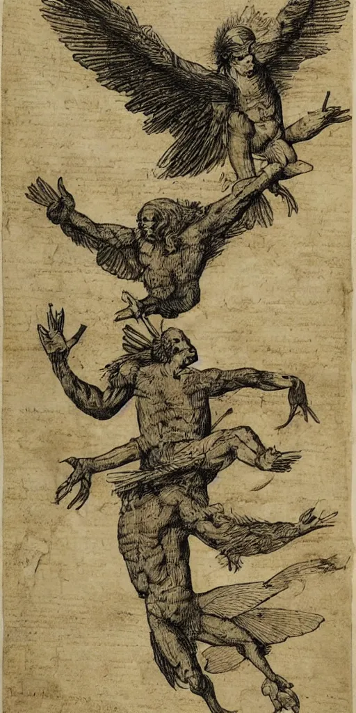 Image similar to human - eagle creature with one big beak, drawn by da vinci