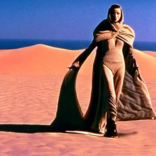 Image similar to avant - garde fashion model, still from movie dune, highly detailed