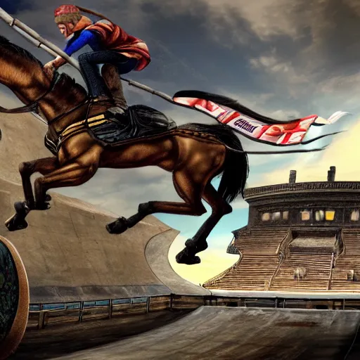 Image similar to roman horse chariot racer high jumping with chariot in a skate park half-pipe, video game cover, intense, high detail, crowd cheering