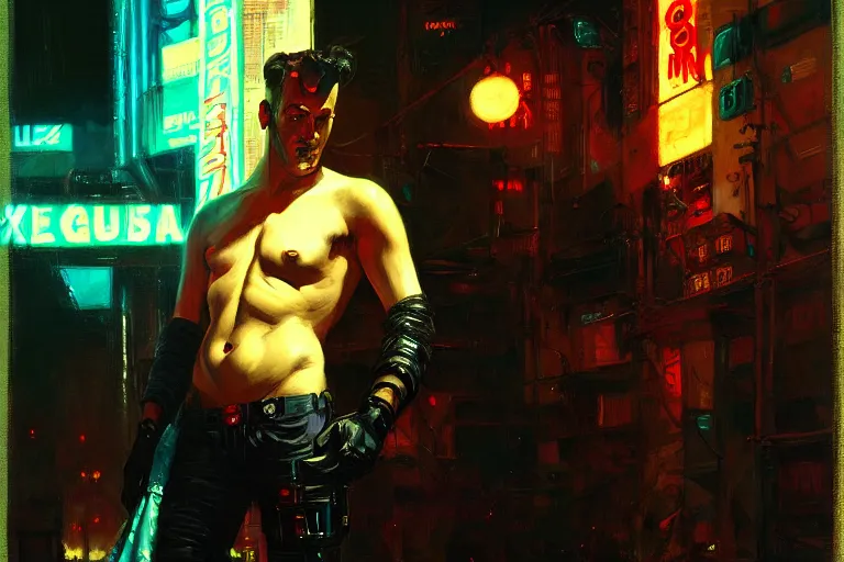 Prompt: cyberpunk style, male, neon lights, painting by gaston bussiere, craig mullins, j. c. leyendecker, tom of finland