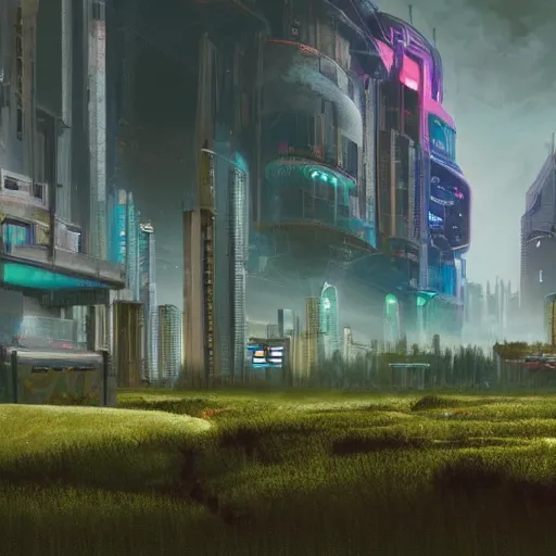 Prompt: landscape cyberpunk farmland in the future