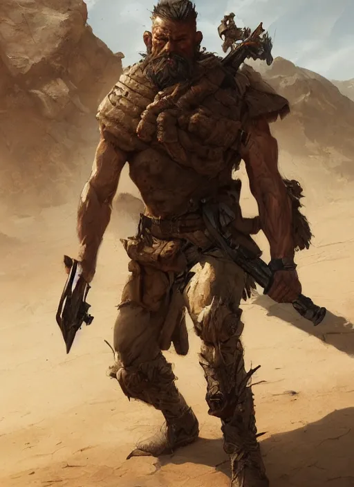 Image similar to detailed concept illustration, strong muscular older soldier roaming through desert, sharp focus, illustration, highly detailed, digital painting, concept art, matte, art by wlop and artgerm and greg rutkowski, masterpiece