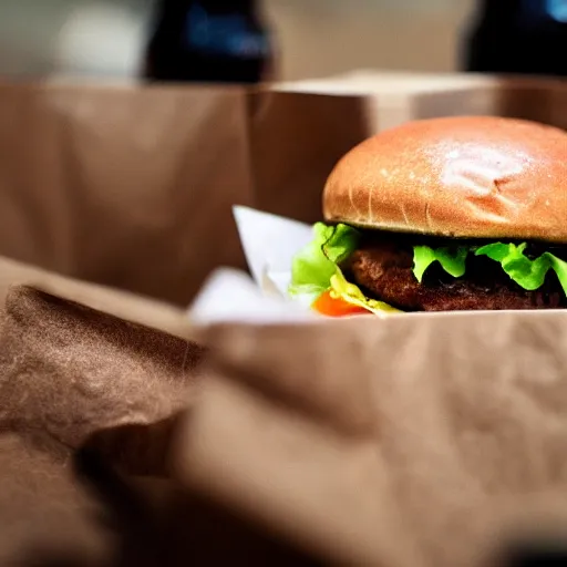 Image similar to close up shot of a paper bag containing an hamburger and a can of cola