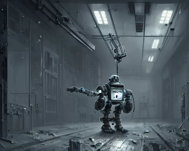 Prompt: robo in gloomy ruined server room in datacenter robot painting concept art of automata rusty steel robot knight colossus welder pacing mono eyed, sharp focus, emitting diodes, smoke, artillery, sparks, racks, motherboard, by pascal blanche rutkowski repin artstation hyperrealism detailed character design matte painting, 4 k resolution blade runner