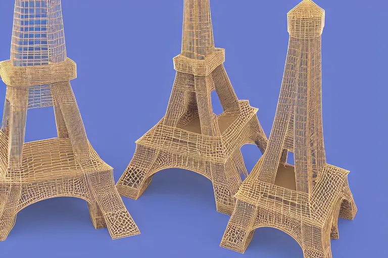 Image similar to 3d render of a small Eiffel Tower model made of Swiss cheese, blue background, soft lighting